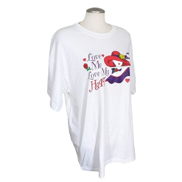 Red Hat Society Graphic Tee T Shirt Womens Size XL White Love Me Love My Hat - Picture 3 of 6